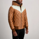 Xaven Tan Leather Hooded Bomber Jacket